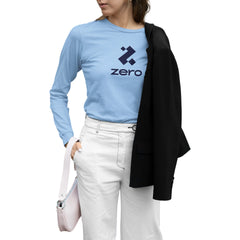 Person wearing a light blue long-sleeve shirt with a logo, white pants, and carrying a black jacket and pink bag on a white background.