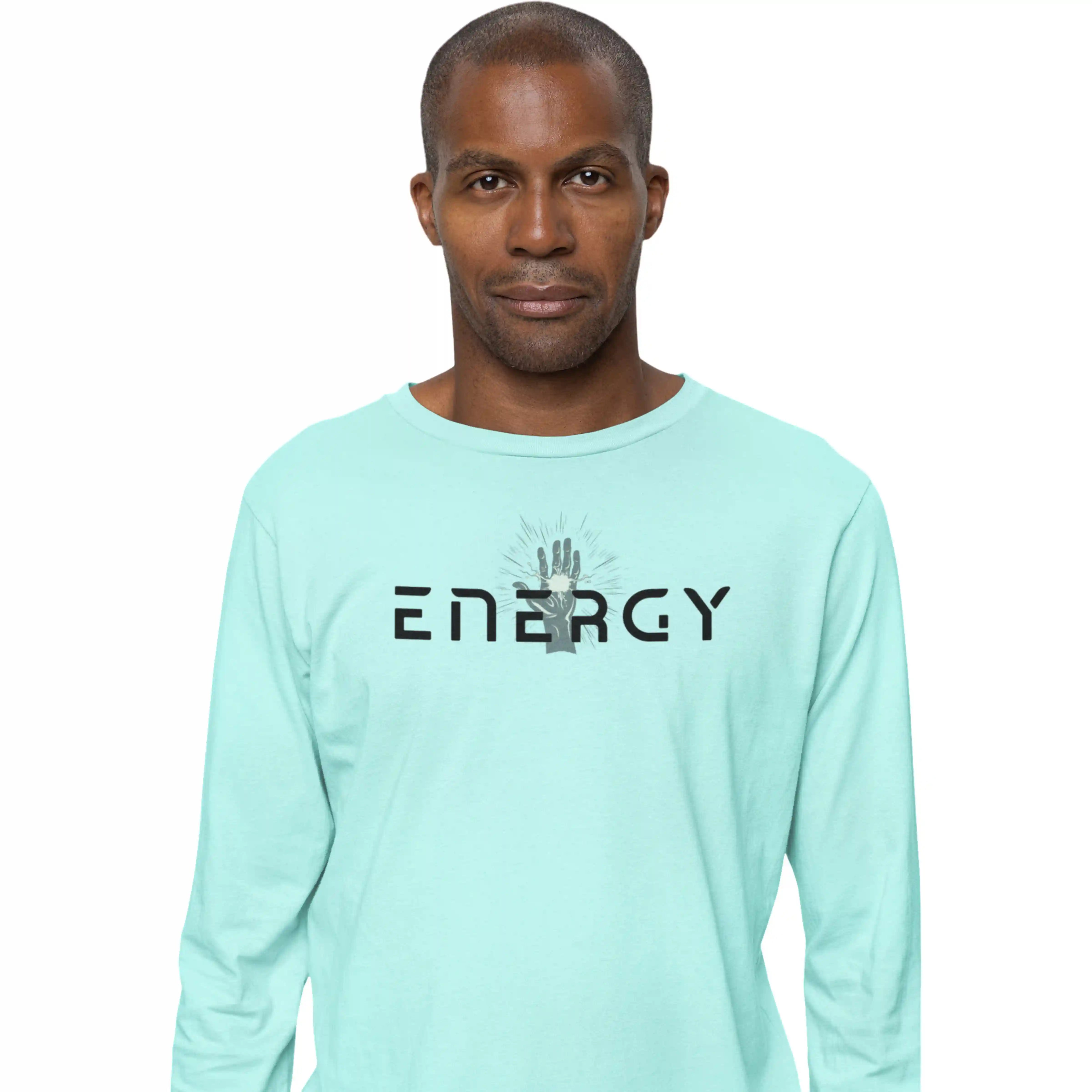 Man wearing a light blue long-sleeve shirt with 'ENERGY' text and graphic on a white background