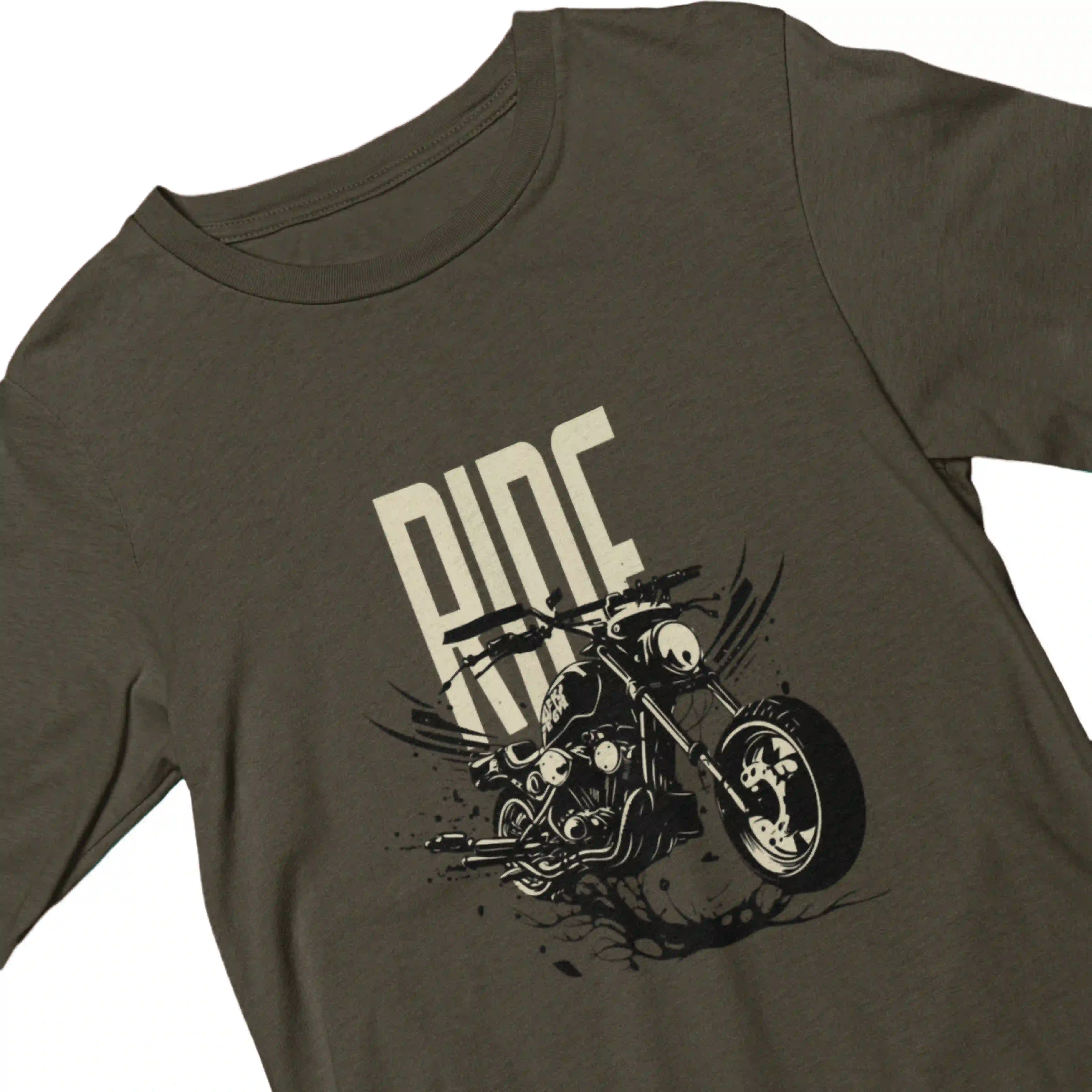 Brown t-shirt with a motorcycle graphic and 'Ride' text on a white background