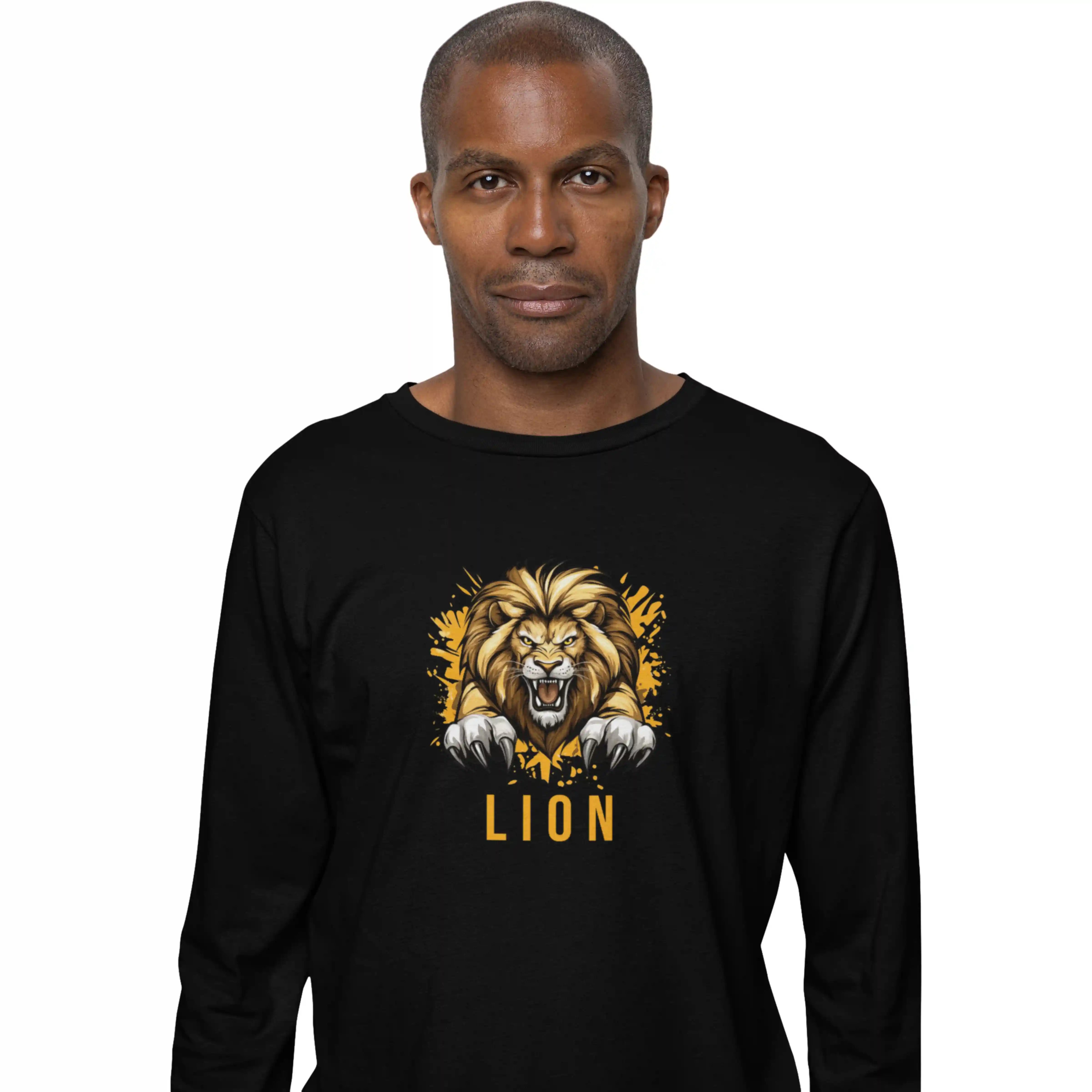 Man wearing a black long-sleeve shirt with a lion graphic and 'LION' text on a white background
