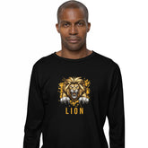 Man wearing a black long-sleeve shirt with a lion graphic and 'LION' text on a white background