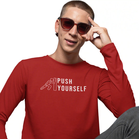 Person wearing a red shirt with 'Push Yourself' text and graphic, posing with sunglasses.