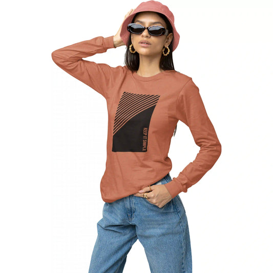 Person wearing a long-sleeve shirt with a geometric design and sunglasses on a white background