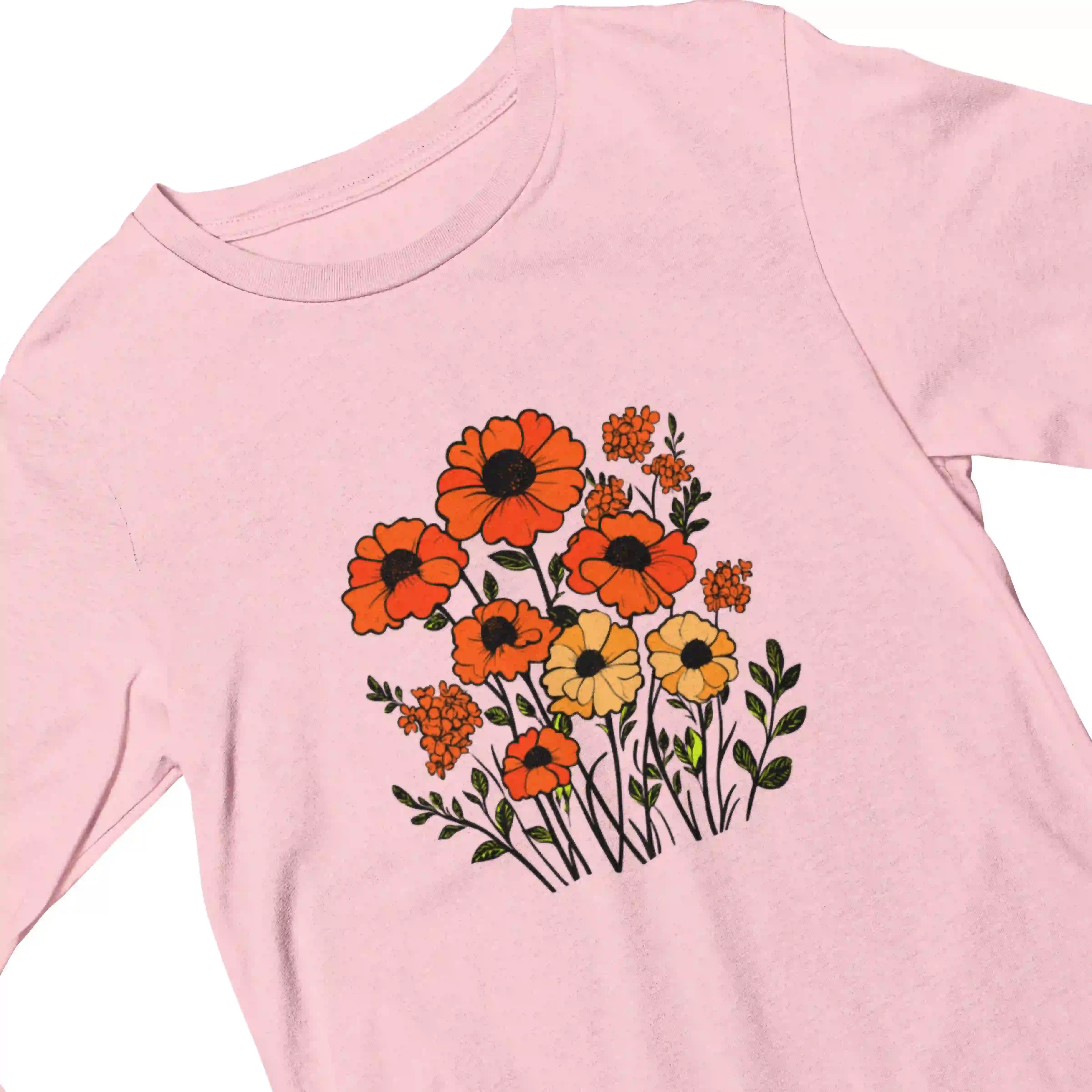 Pink t-shirt with orange and yellow floral design on a white background