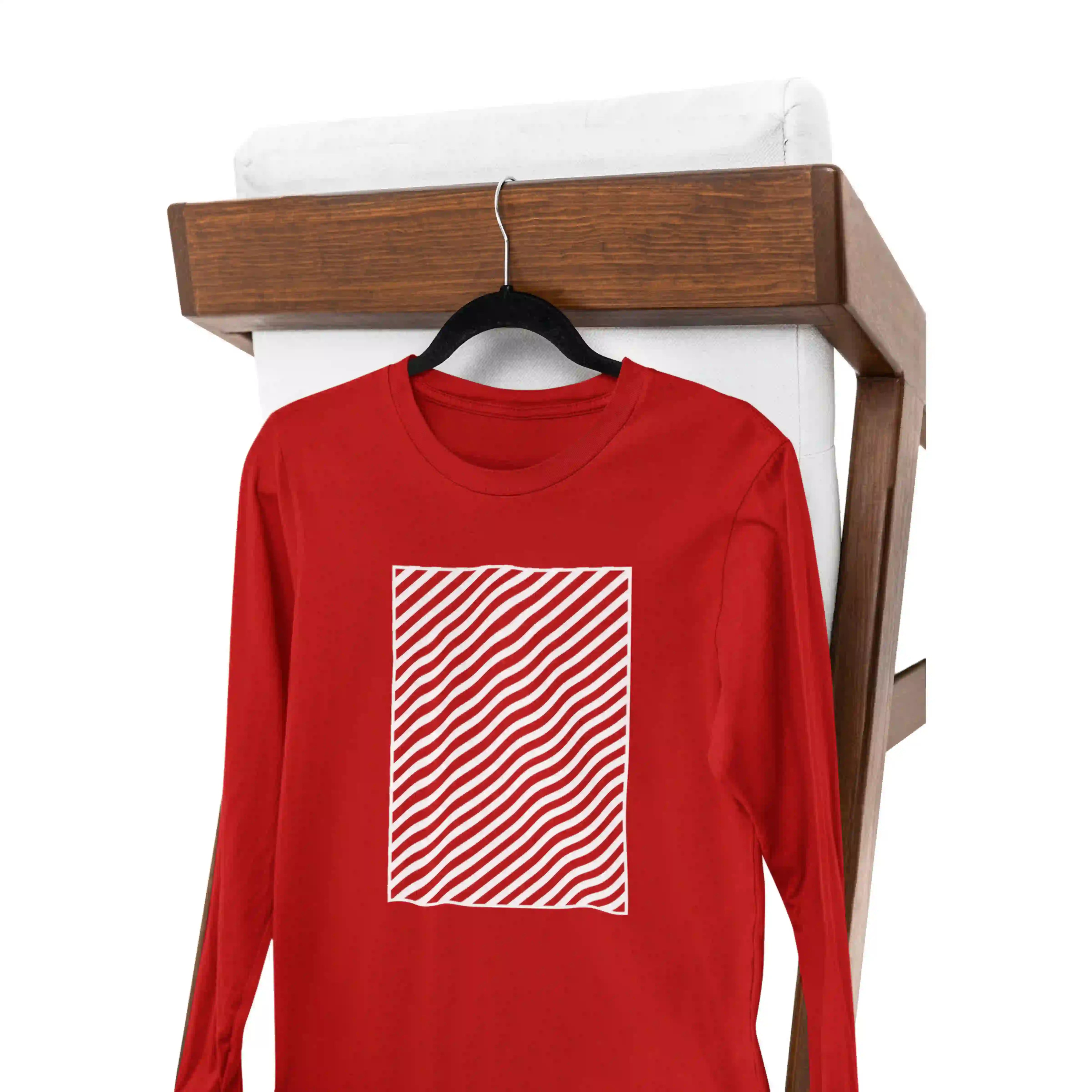 Red long-sleeve shirt with a white wavy pattern on a hanger against a white background