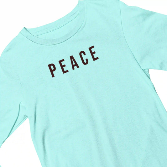 Light blue t-shirt with 'PEACE' printed in brown on a white background