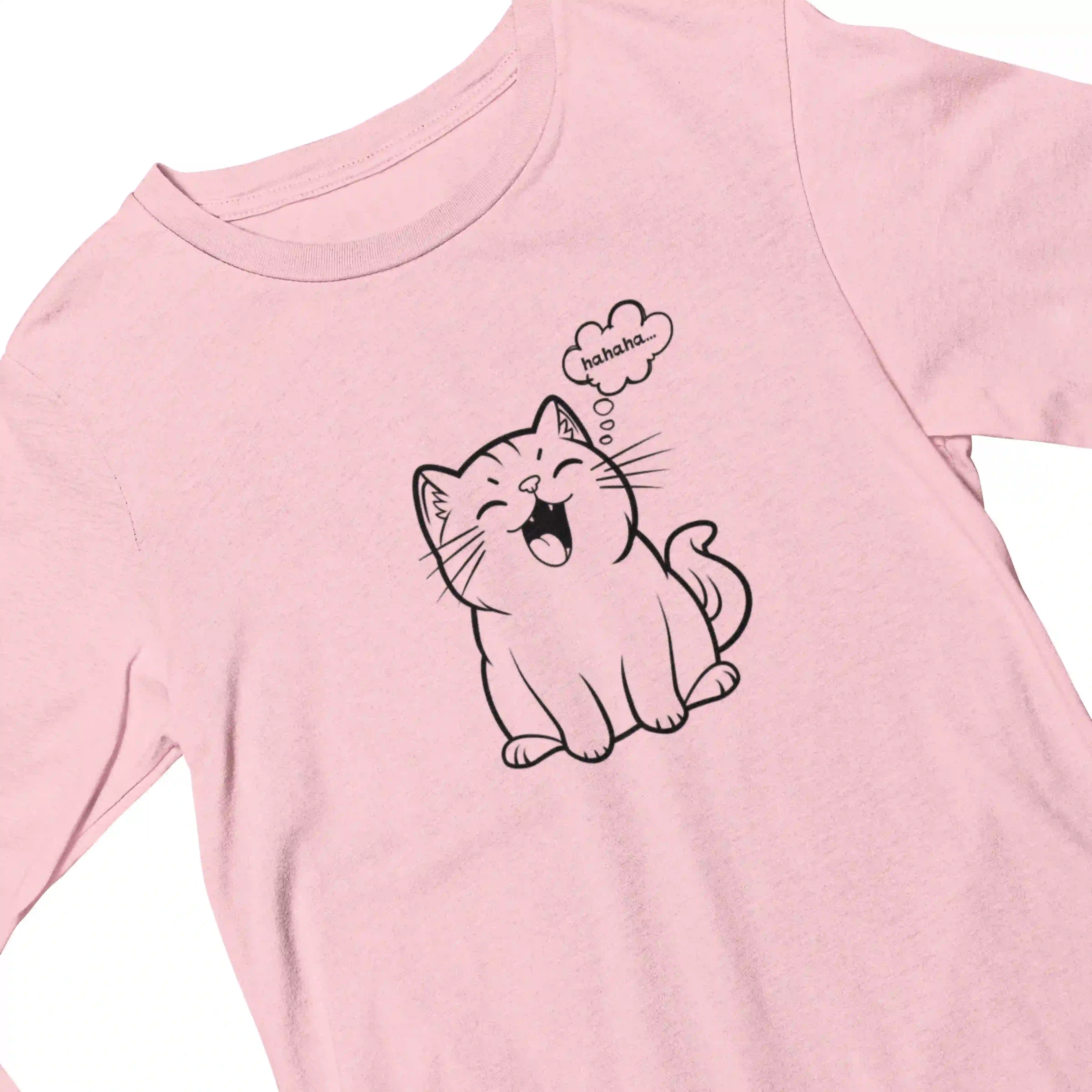 Pink t-shirt with a black line drawing of a cat and speech bubble on a white background
