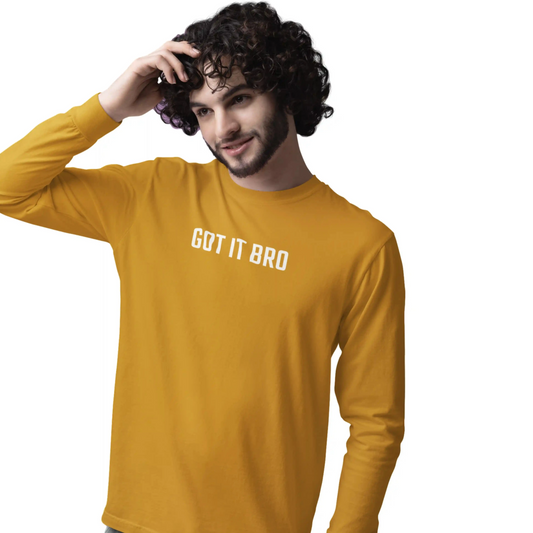 Man wearing a mustard yellow long-sleeve shirt with 'GOT IT BRO' text on a white background