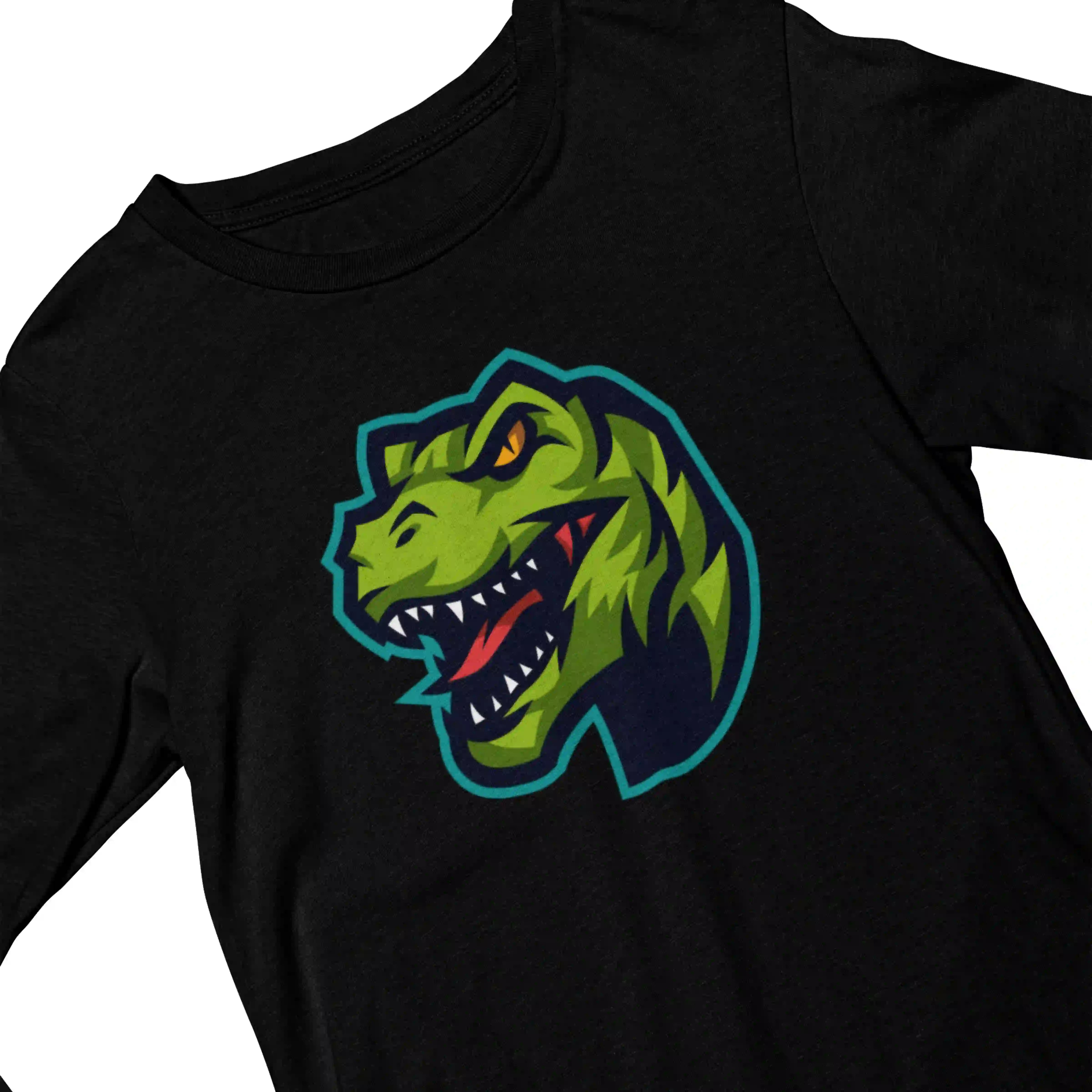 Black t-shirt with a green dinosaur graphic on a white background