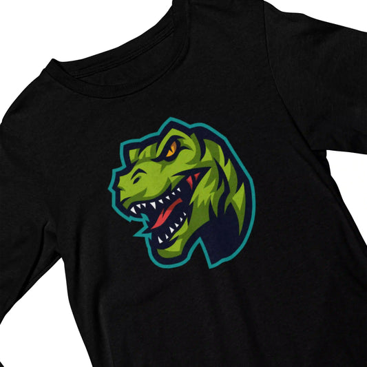 Black t-shirt with a green dinosaur graphic on a white background