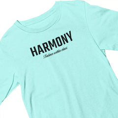 Light blue t-shirt with 'HARMONY Balance within chaos' text on a white background