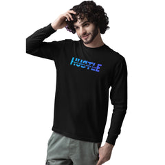 Man wearing a black long-sleeve shirt with 'HUSTLE' text on a white background