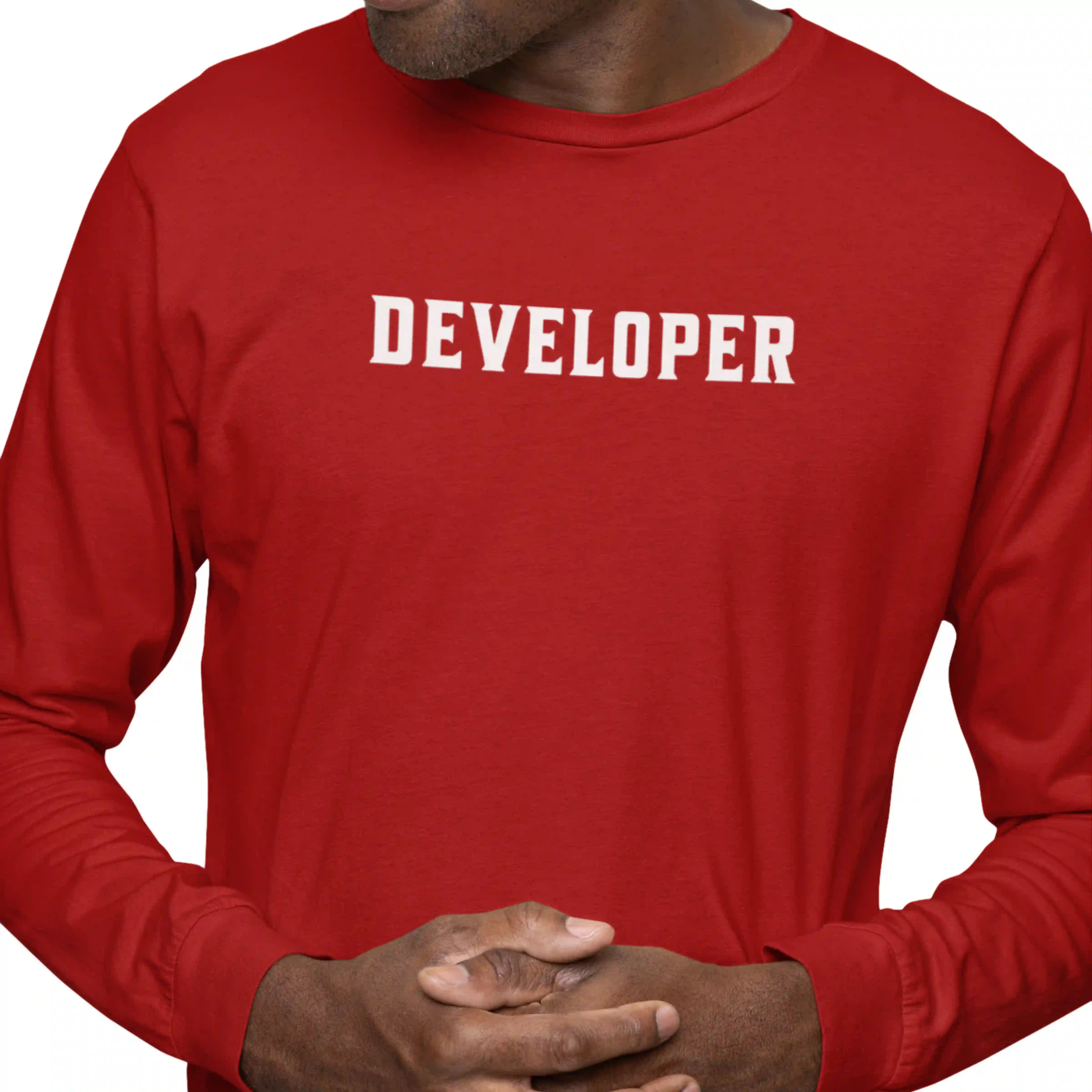 Red long-sleeve shirt with 'DEVELOPER' text on a white background