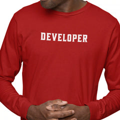 Red long-sleeve shirt with 'DEVELOPER' text on a white background