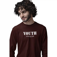 Man wearing a maroon long-sleeve shirt with 'YOUTH GENERATION' text on a white background