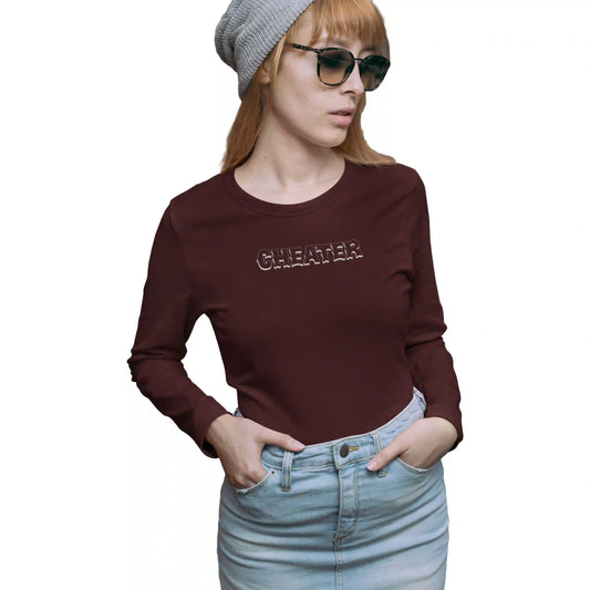 Person wearing a maroon long-sleeve shirt with 'CHEATER' text, gray beanie, and sunglasses on a white background