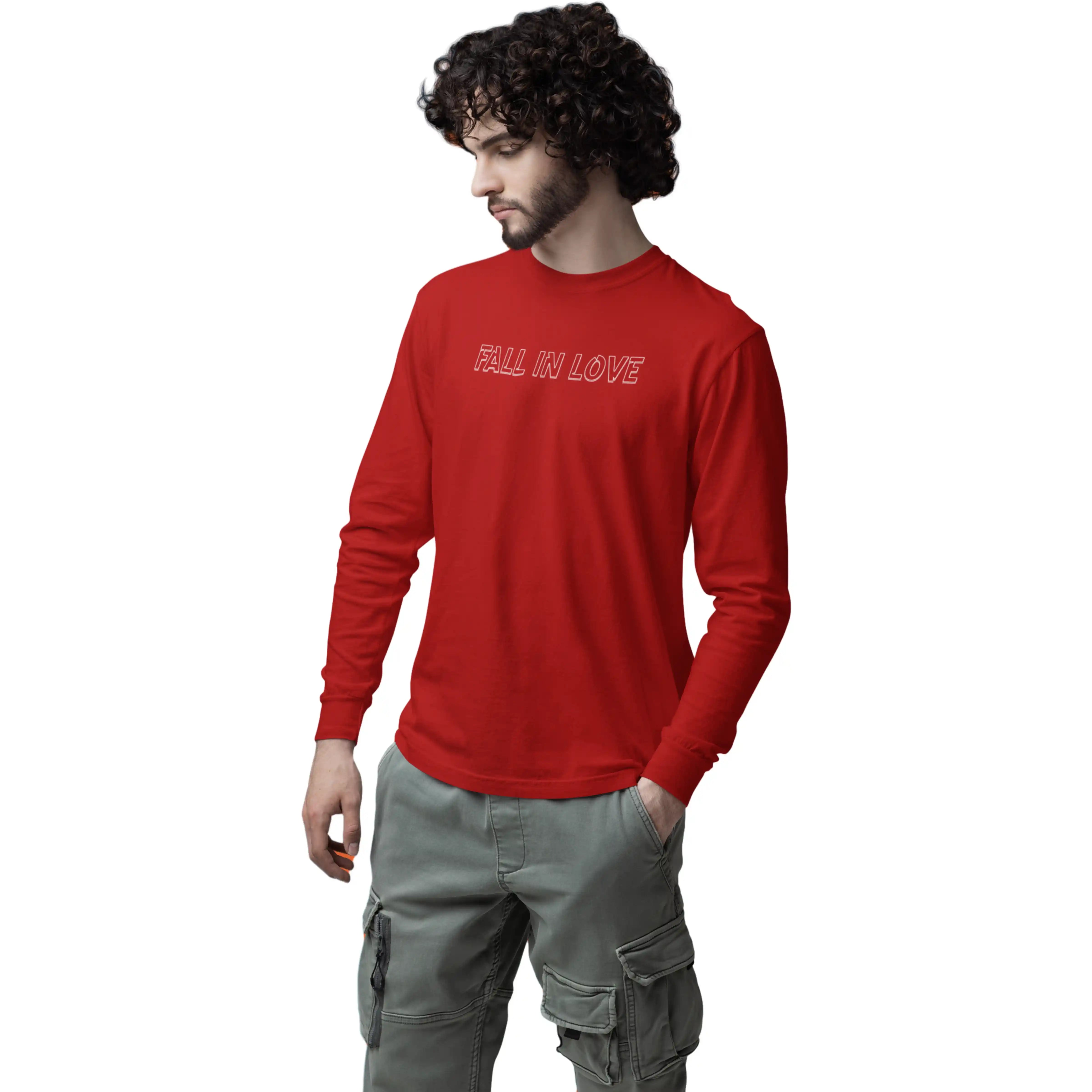 Man wearing a red long-sleeve shirt with 'FALL IN LOVE' text on a white background