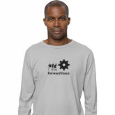Man wearing a gray long-sleeve shirt with 'Forward Force' logo on a white background