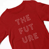 Red long-sleeve shirt with 'THE FUTURE' text on a white background