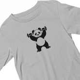 Gray t-shirt with a panda lifting weights graphic on a white background