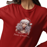 Red t-shirt with a Christmas-themed graphic of a person wearing a Santa hat and 'Merry Christmas' text.