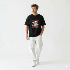 Man wearing a black t-shirt with a graphic design on a white background