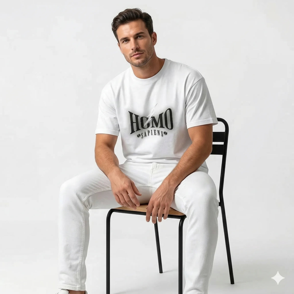 Person wearing a white t-shirt with 'HOMO SAPIENS' text on a dark background