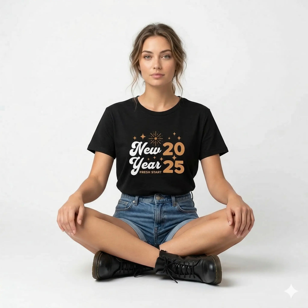 Person wearing a black t-shirt with 'New Year 2025 Fresh Start' text.
