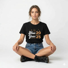 Person wearing a black t-shirt with 'New Year 2025 Fresh Start' text.