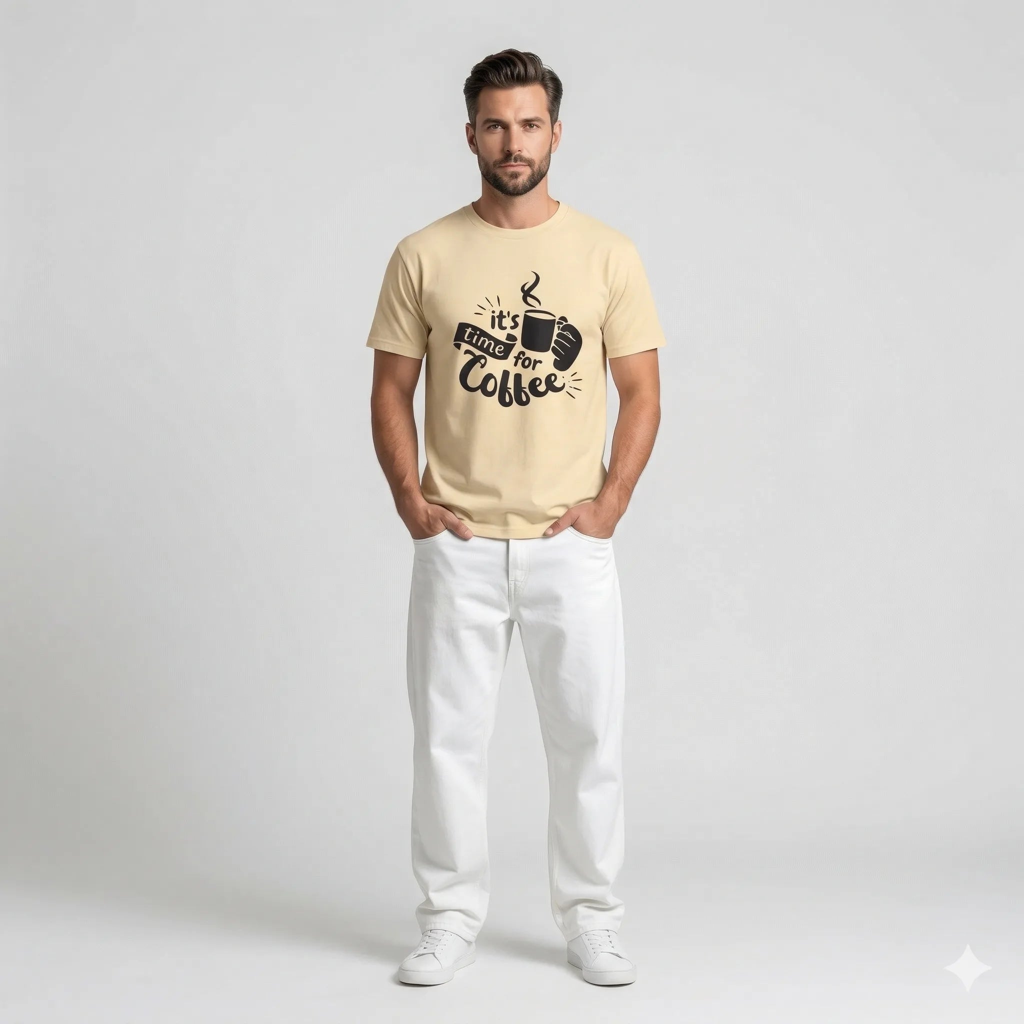 Man wearing a beige t-shirt with 'It's time for coffee' text and graphic on a white background