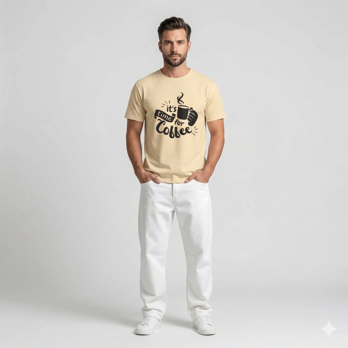 Man wearing a beige t-shirt with 'It's time for coffee' text and graphic on a white background