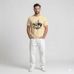 Man wearing a beige t-shirt with 'It's time for coffee' text and graphic on a white background