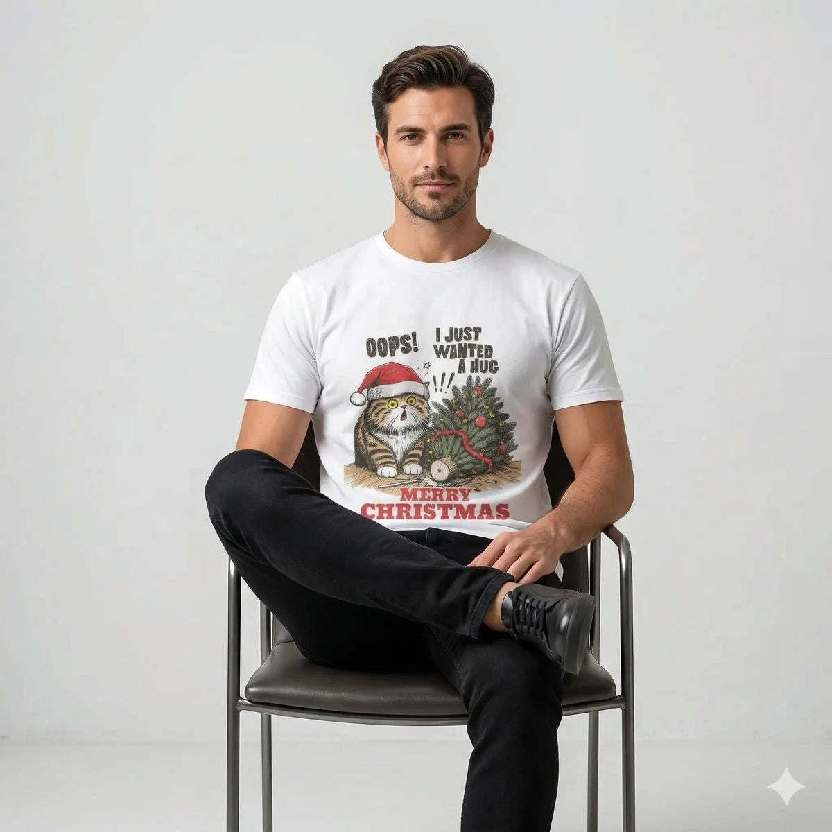Man wearing a white t-shirt with a Christmas-themed graphic and text, sitting on a chair against a plain background.