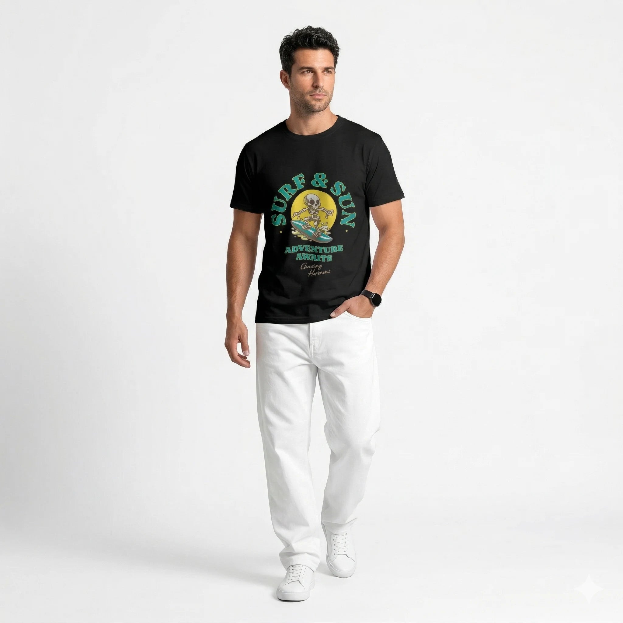 Person wearing a black t-shirt with a graphic design featuring a skeleton surfing and text on a plain background