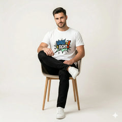 Person wearing a white t-shirt with 'Wake Up & Fight!' design on a plain background