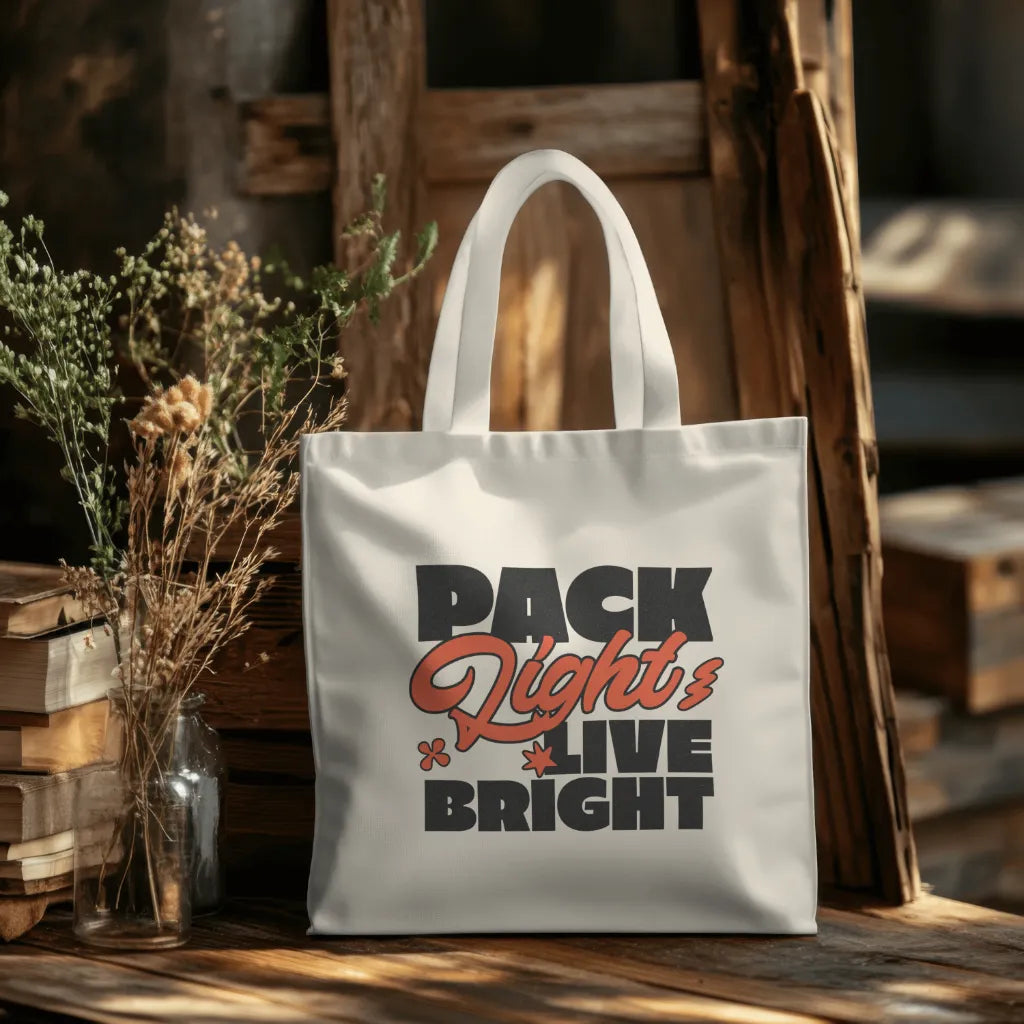 Tote bag with 'Pack Light Live Bright' text on a wooden surface with books and plants.