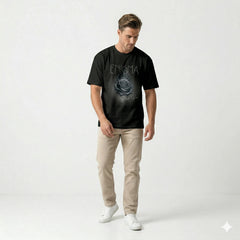 Man wearing a black t-shirt with 'Enigma' design on a white background