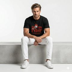 Man wearing a black t-shirt with red text sitting on a concrete bench.