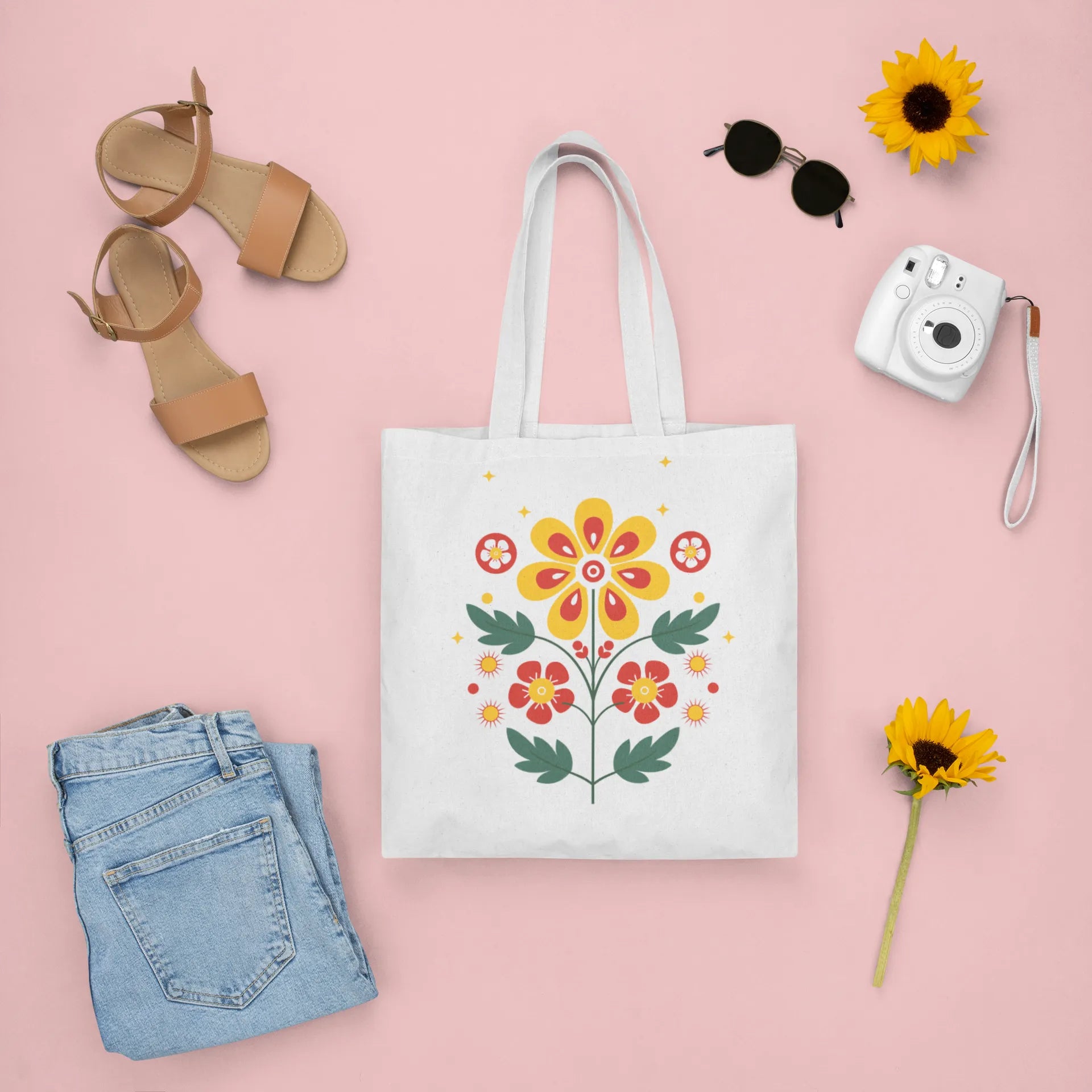 Tote bag with floral design on a pink background with shoes, camera, and sunflowers.