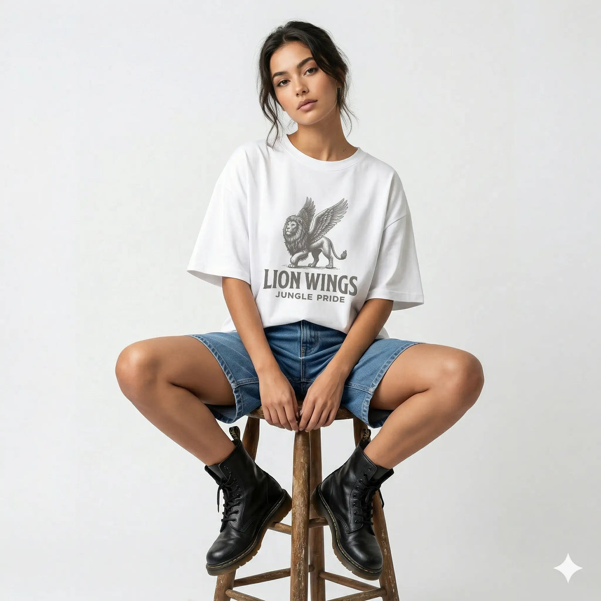 Woman wearing a white t-shirt with 'Lion Wings' design and text, sitting on a wooden stool against a plain background.