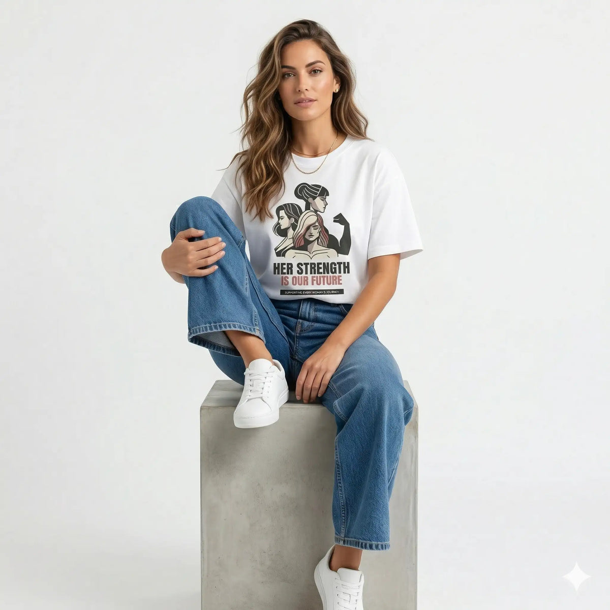 Woman wearing a t-shirt with a graphic design and text, sitting on a bed with a cat.