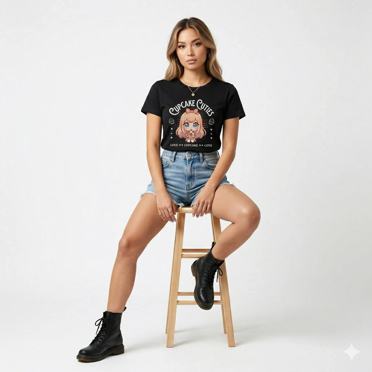 Woman wearing a black t-shirt with a graphic design, sitting on a wooden stool against a white background