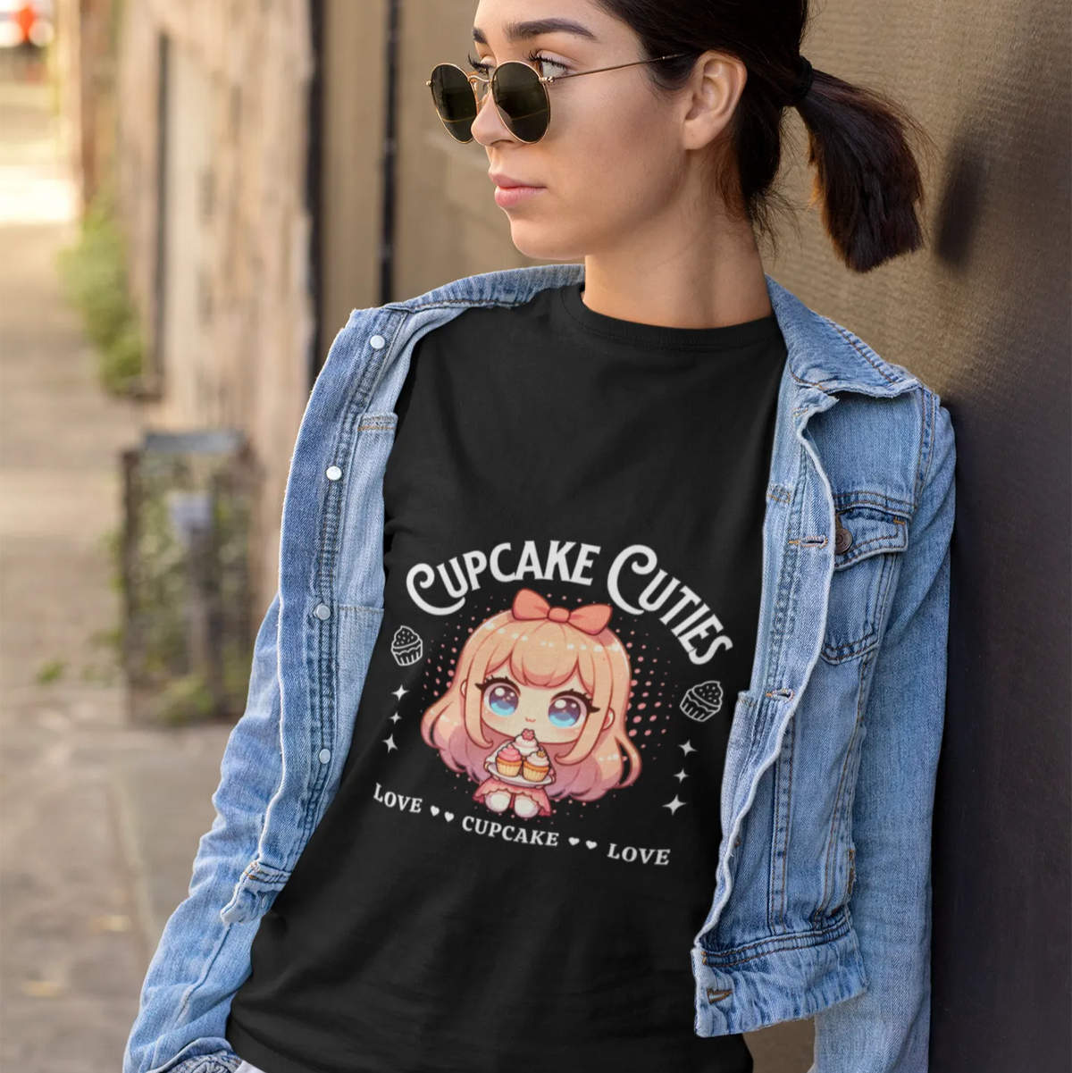 Woman wearing a black t-shirt with 'Cupcake Cuties' design, leaning against a wall.