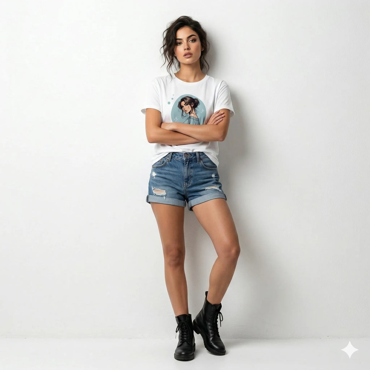 Person wearing a gray t-shirt with an illustration of a woman in a blue dress.