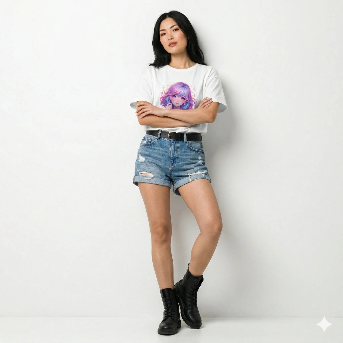 Woman wearing a white t-shirt with a graphic design, blue denim shorts, and black boots on a plain background