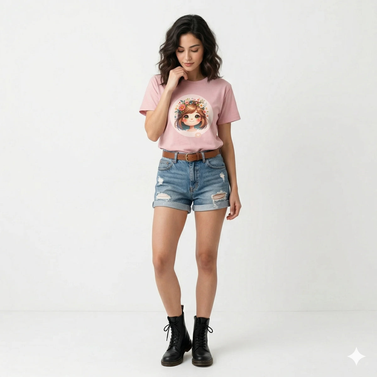Girl in pink t-shirt with a graphic design on a soccer field