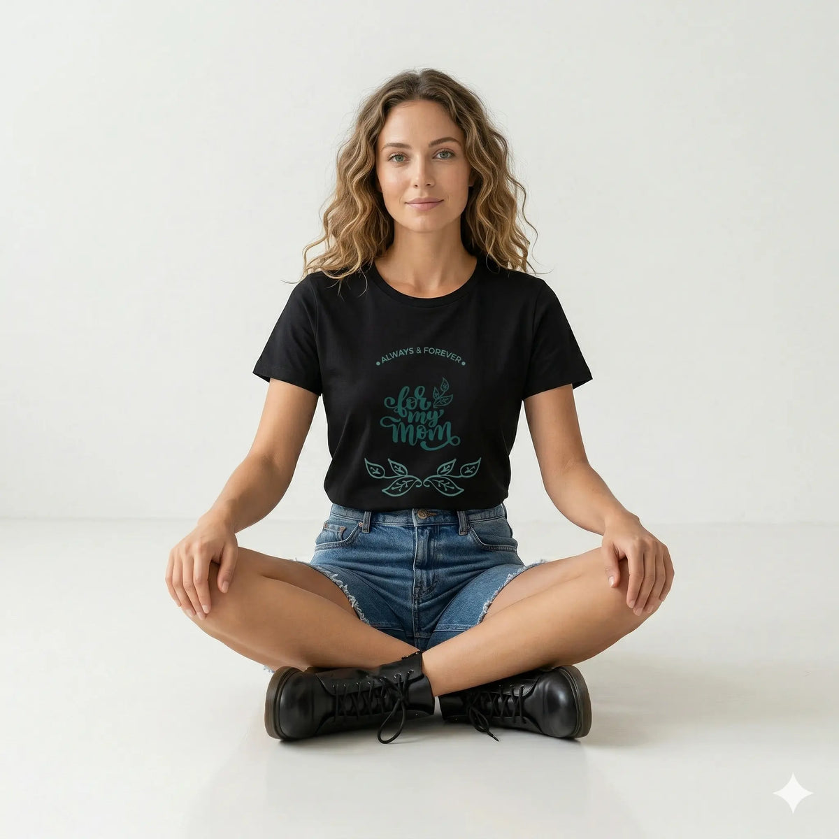 Woman wearing a black t-shirt with green text and denim shorts sitting on a white background
