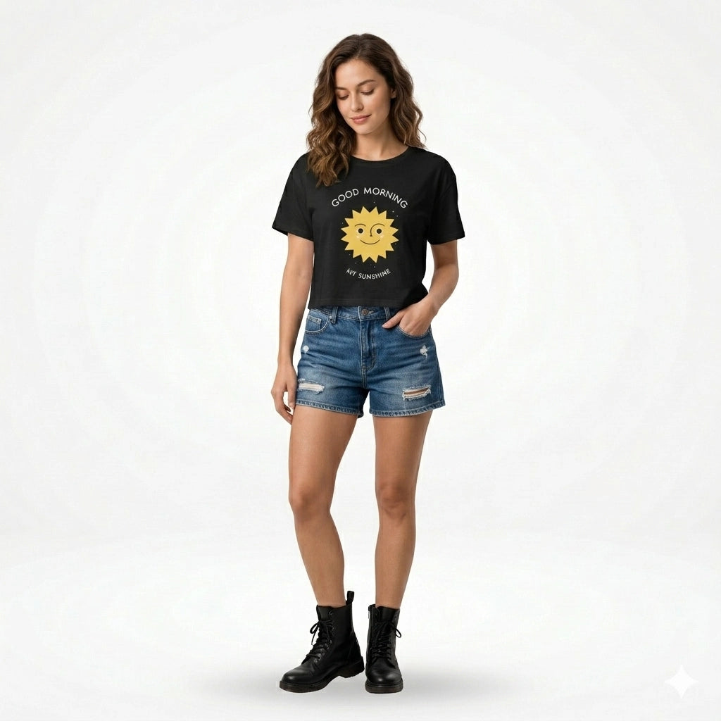 Woman wearing a black t-shirt with a sun graphic and text, standing against a light-colored wall.