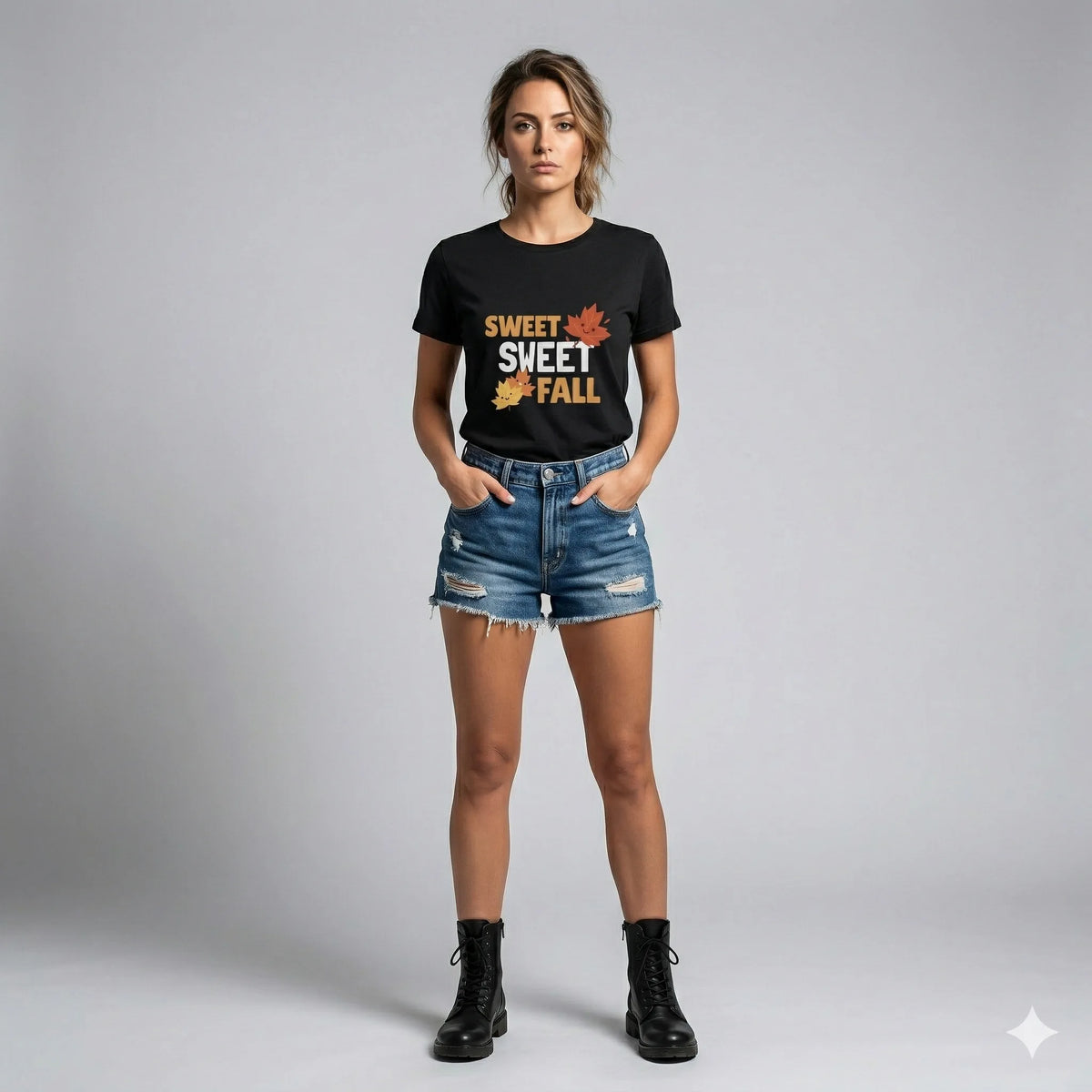 Person wearing a black t-shirt with 'Sweet Sweet Fall' text and autumn leaves, holding sunglasses.