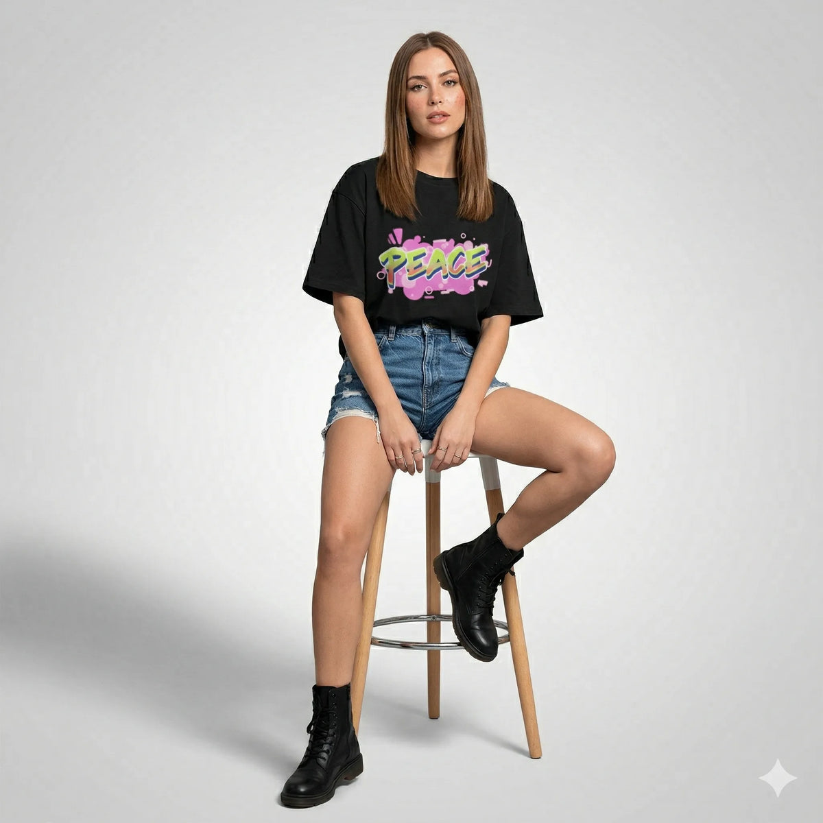 Woman sitting on a stool wearing a black t-shirt with colorful text and denim shorts.